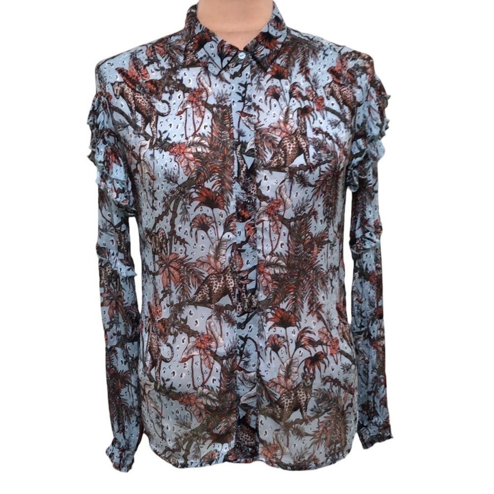 BERENICE PARIS Blouse Size 36 XS Ruffle Sleeve Blue Leopard Animal Print
